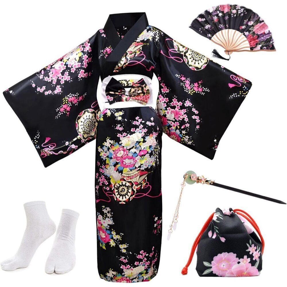 Japanese Kimono Set 5 Pieces Women's Robe Tabi Socks Fan Blossom Satin